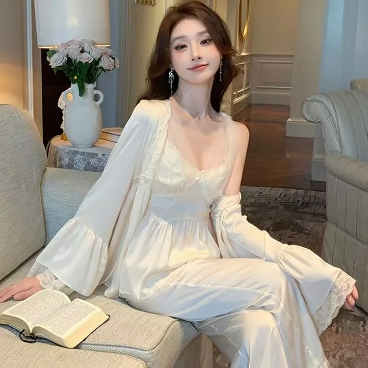 赵露思同款高级感冰丝睡衣女春秋款吊带三件套带胸垫家居服套装
