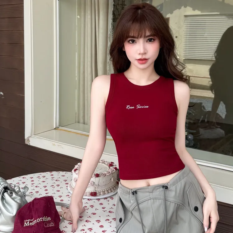 早秋磨毛镂空露背设计感工字背心字母刺绣内搭打底修身上衣带胸垫