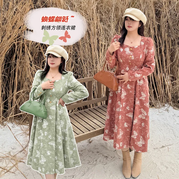 大码女装240斤胖MM百搭时尚法式气质方领蝴蝶刺绣连衣裙长裙k2949