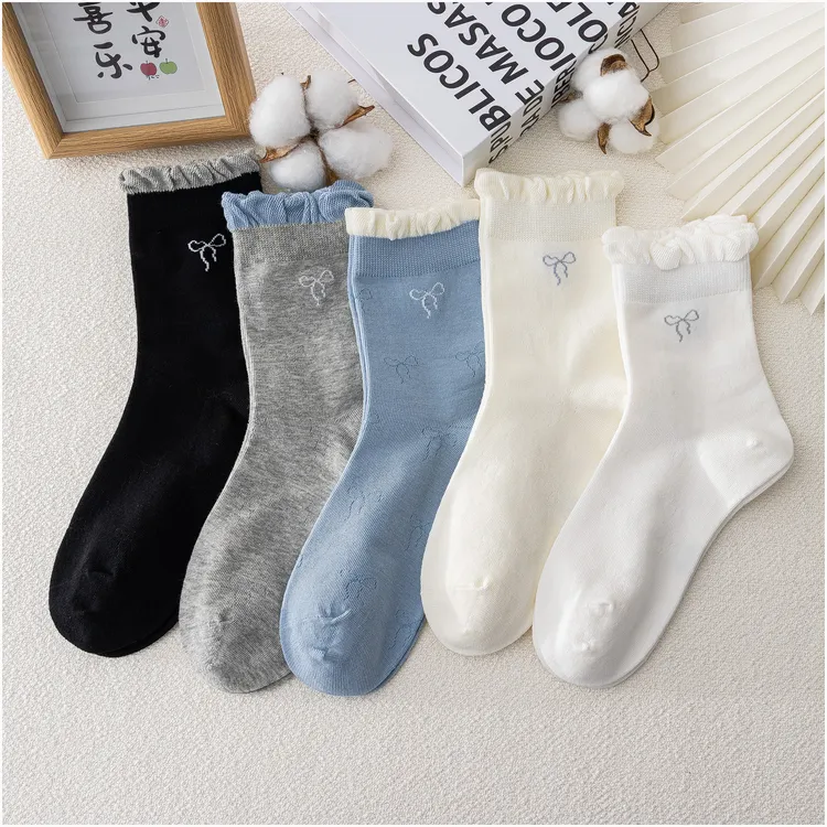 花边袜子女长筒袜吸汗透气森系女学院风中筒春季秋季公主风纯色