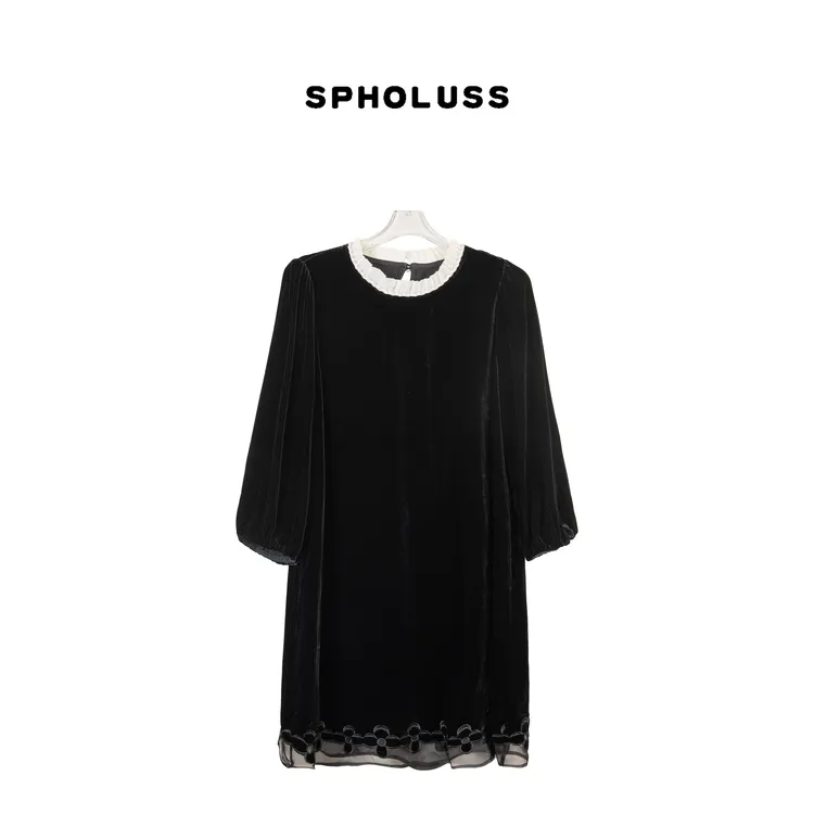 【丝芙玉禄】（K499）重磅100%真丝丝绒重工下摆拼接丝绒气质连衣裙