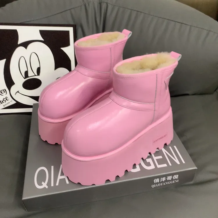 俏洋哥倪899-3粉色韩版厚底8公分牛皮时装走秀款炸街小个子雪地靴