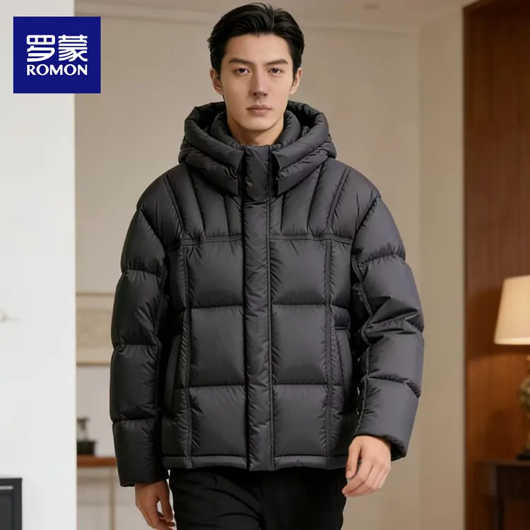 罗蒙90绒休闲时尚可脱卸帽潮牌羽绒服男保暖抗皱免烫宽松简约外套