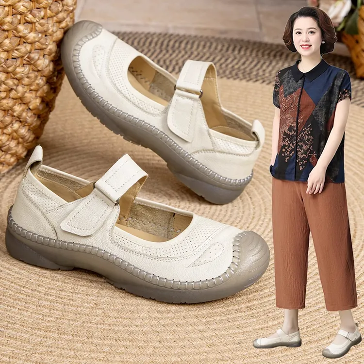 真牛皮软底妈妈鞋中老年舒适不累脚夏季酒红色洋气闰月皮鞋牛筋底