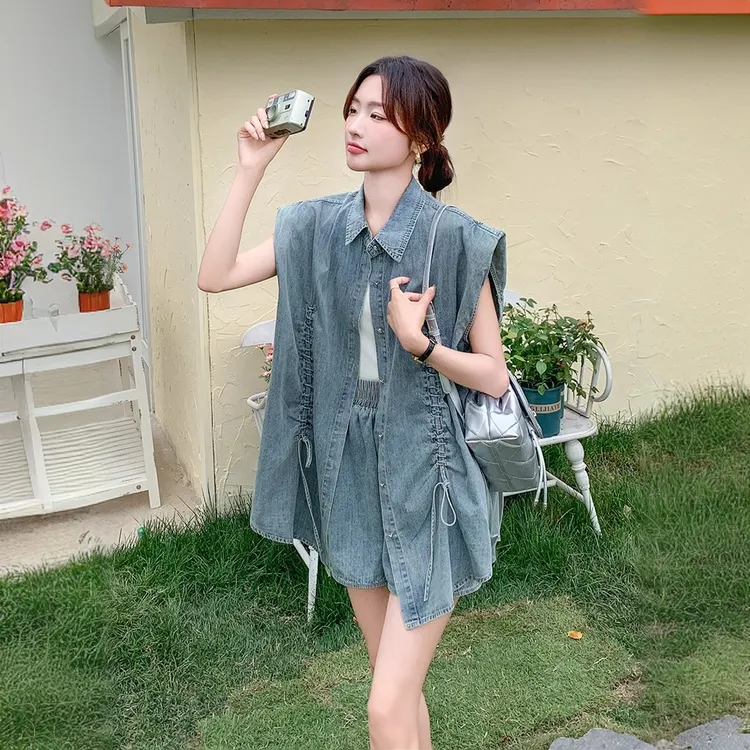 韩版时尚抽绳牛仔马甲套装女2025夏季新款显瘦高腰阔腿短裤两件套