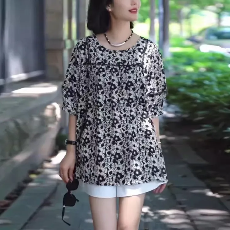 宽松休闲显瘦印花小衫时尚百搭气质衬衫女夏季新款轻薄洋气上衣女