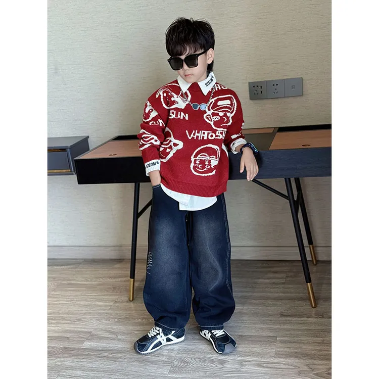 男童冬季时尚百搭卡通动漫男孩提花圆领长袖针织衫中大童套头毛衣