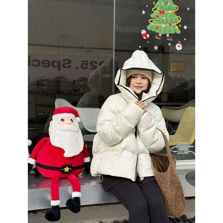 晶咕佳佳【豆腐包】小香感拼边连帽立领羽绒服短款时尚休闲百搭