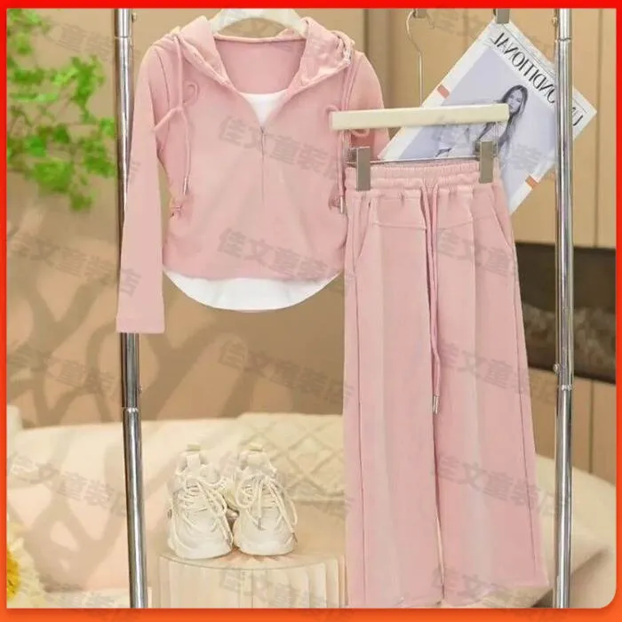 女童套装春秋款2025新款洋气儿童时髦连帽假两件上衣中大童两件套