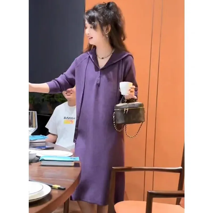 秋冬新款针织时尚宽松遮肉显瘦连衣裙爆款大码加厚中长款连帽毛衣