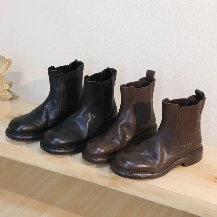 时尚水洗牛皮秋冬加绒圆头褶皱马丁靴复古做旧粗跟真皮切尔西短靴