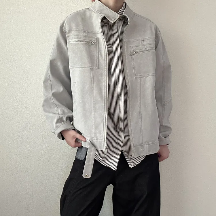 A+线上店美式立领水洗斜纹皮衣男百搭高质感休闲外套显高拉链上衣