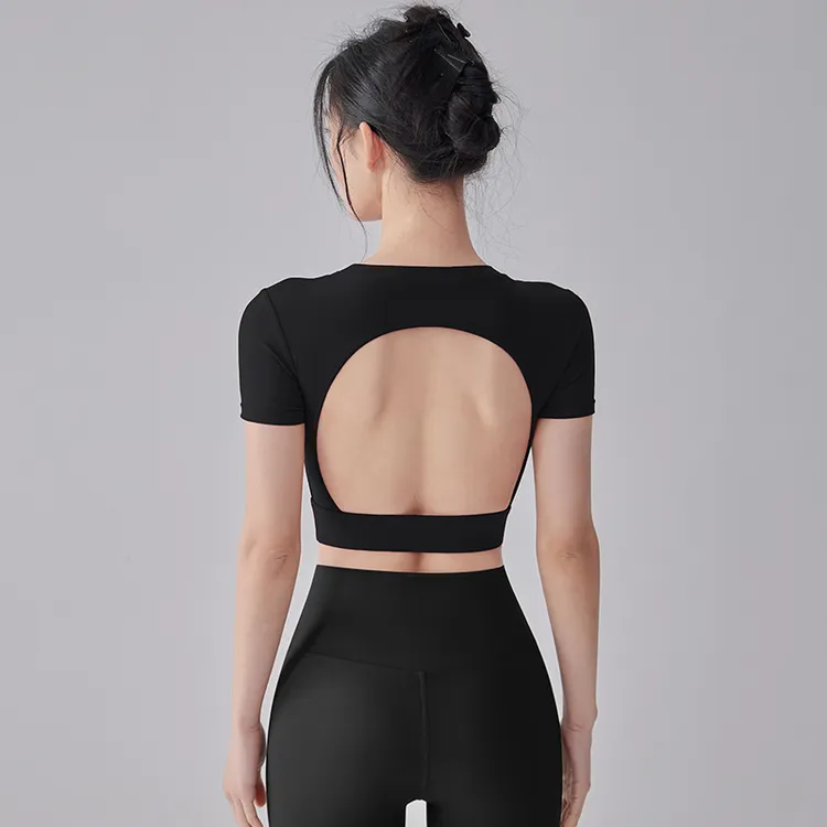 岚纹夏季露背含胸垫瑜伽服T恤女跑步训练高强度健身运动短袖百搭