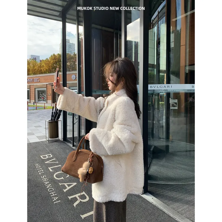 MUKOK 气质慵懒小立领仿皮毛一体宽松加厚毛毛外套