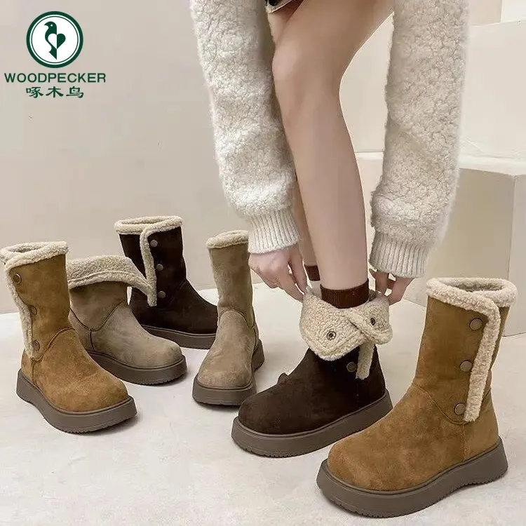 啄木鸟时尚潮流风纯色风2025年新款秋冬季雪地靴休闲韩版棉鞋冬季