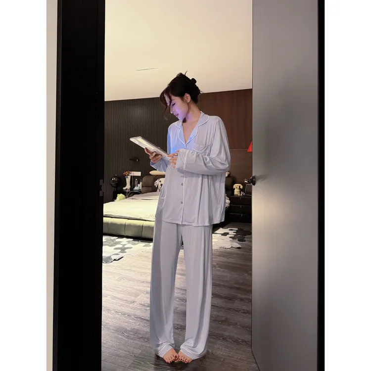doubleoo撞色滚边莫代尔睡衣女秋冬法式长袖套装家居服对襟可外穿