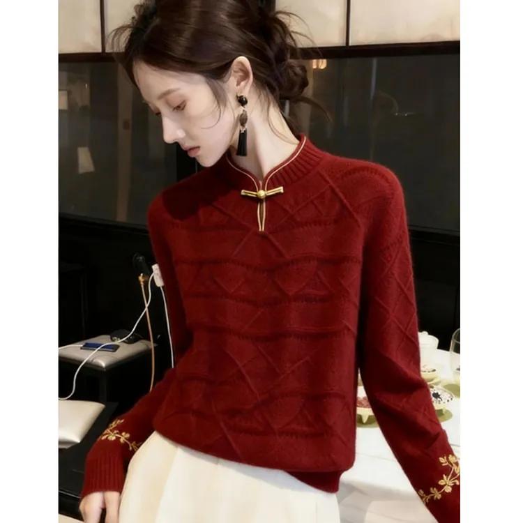 新中式国风毛衣女秋冬2025新款高端时髦洋气巨好看内搭印花针织衫