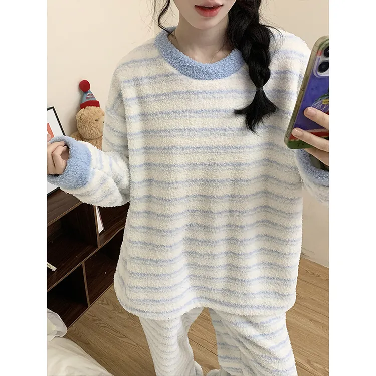 半边绒睡衣女秋冬季韩版条纹加绒加厚珊瑚绒长袖家居服冬天可外穿