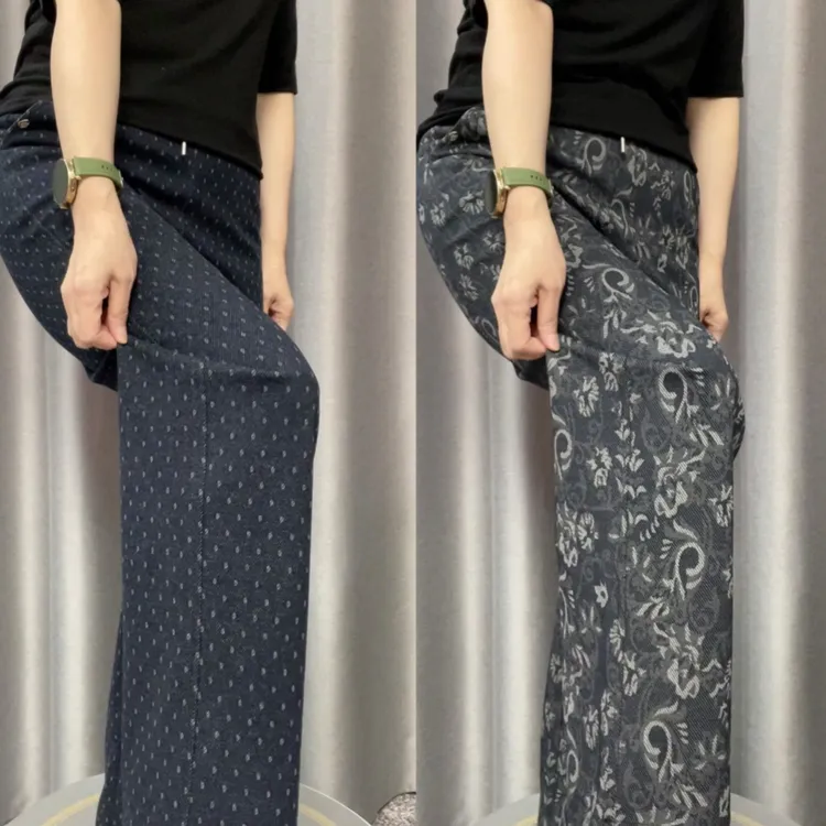 96826秋季新款复古花松紧腰直筒休闲裤时尚大气百搭高腰显瘦垂感