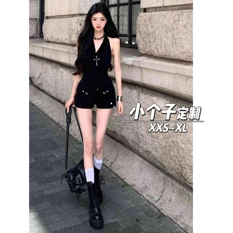 性感复古工装牛仔短裤女秋150小矮个子美式紧身包臀裤高腰a字热裤