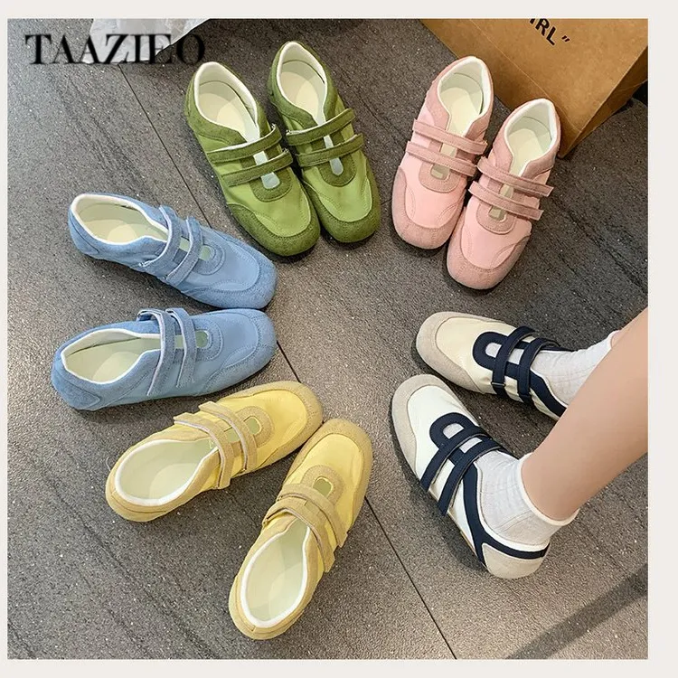 TAAZIEO多巴胺穿搭魔术贴运动百搭德训鞋女2025春夏款t拼接缎面玛