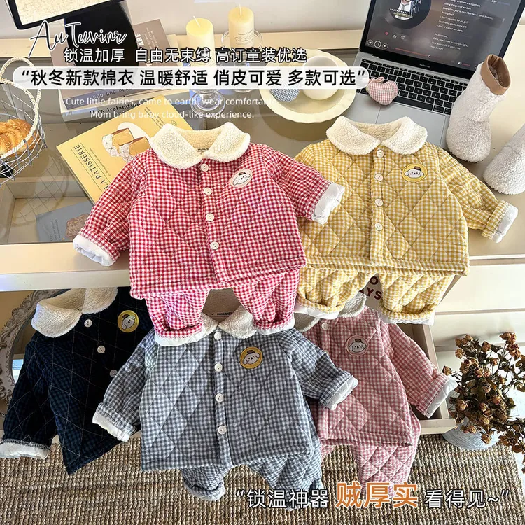秋冬新款儿童三层夹棉卡通家居服韩版冬款男女童睡衣宝宝保暖套装