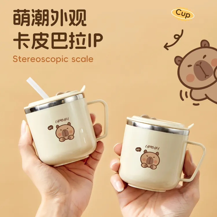 316不锈钢儿童水杯带刻度喝水杯子宝宝防摔防烫卡通吸管杯学饮杯