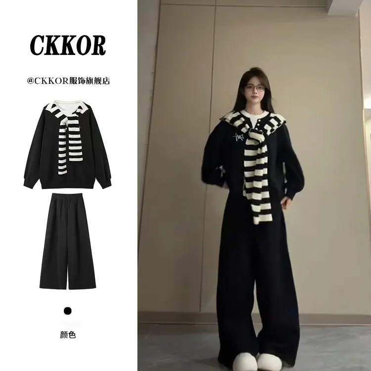CKKOR韩系ins慵懒风条纹披肩运动卫衣套装女秋冬新款设计感三件套