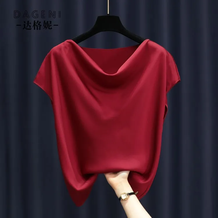 高级感缎面短袖t恤2025夏季新款宽松大码遮肚子显瘦半袖打底上衣