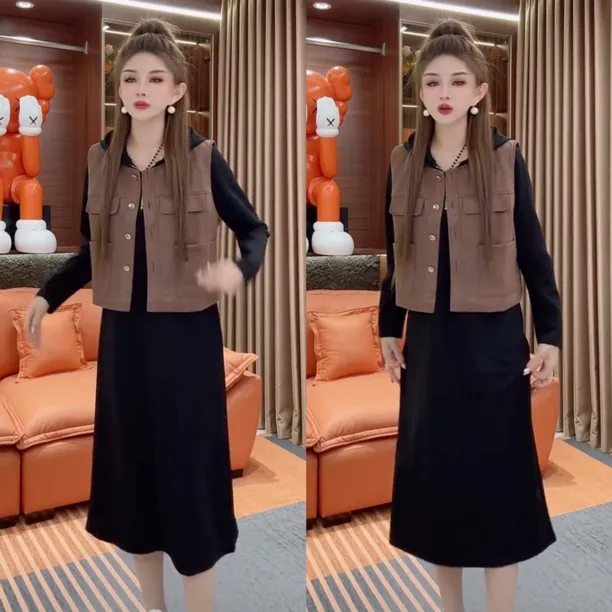 2025秋季新款洋气女宽松显瘦百搭气质时尚网红同款马甲裙子两件套