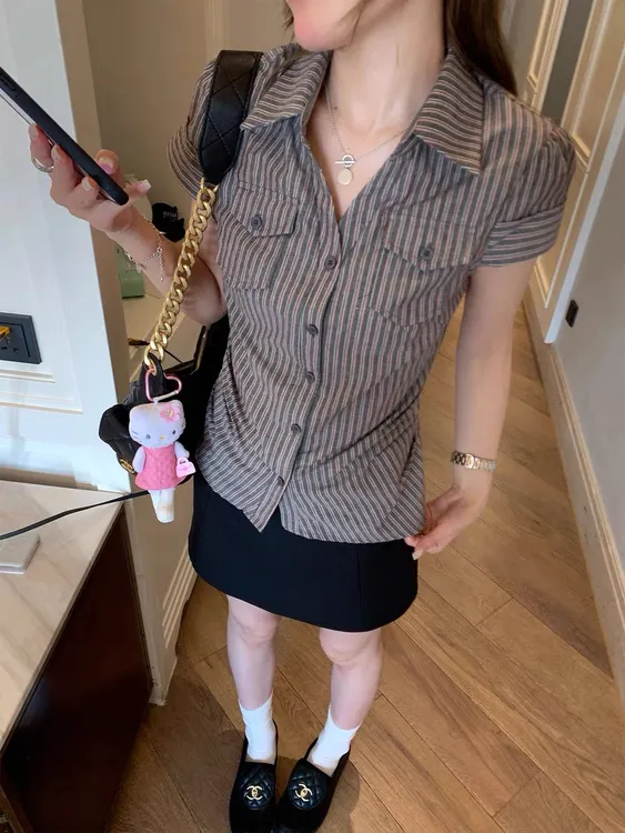 美式复古条纹正肩口袋polo领辣妹衬衫夏季新款收腰显瘦短袖上衣