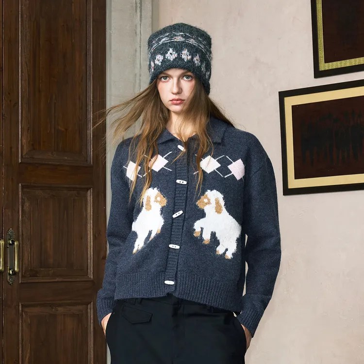 SFNT 小羊菱格牛角扣开衫毛衣针织衫 美式复古休闲街头国潮流