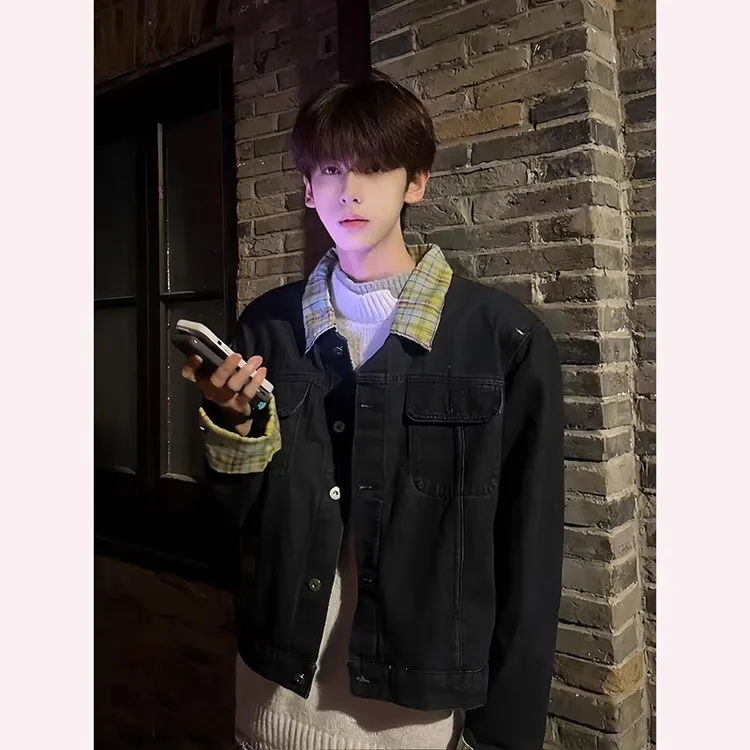 格纹拼接短款牛仔外套男款春秋款美式高街牛仔衣cleanfit工装夹克