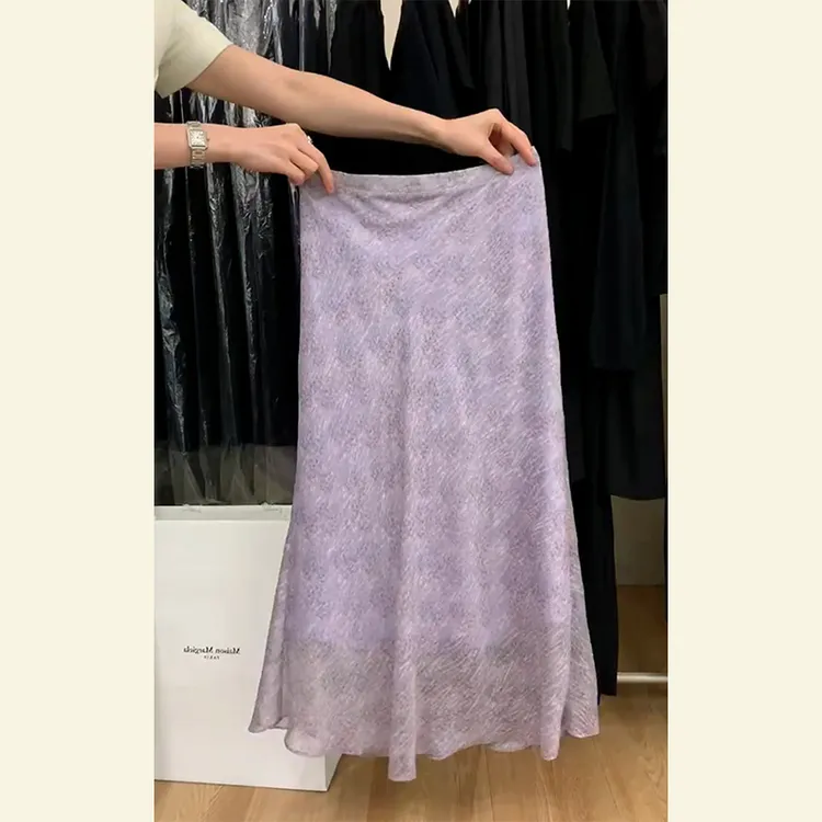法式轻熟风小个子高腰直筒a字裙设计感小众紫色雪纺半身裙女夏季