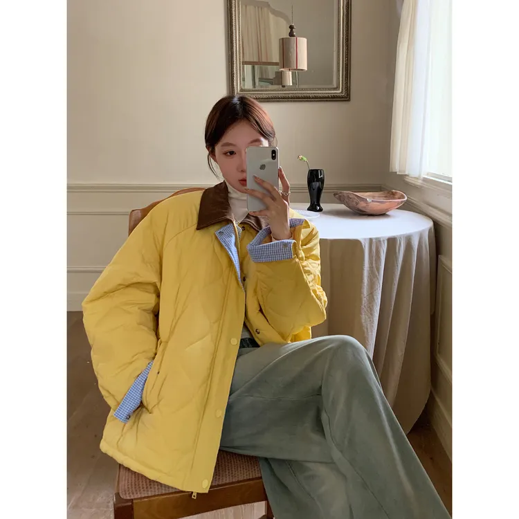 Vs what「撞色暖冬」翻领撞色短款棉服外套冬季女保暖加厚棉衣