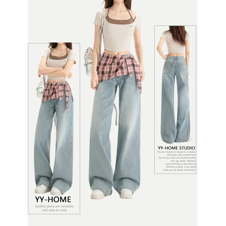 家女低腰春夏窄版直筒裤牛仔裤夏季阔腿裤裤子直筒休闲垂感夏季