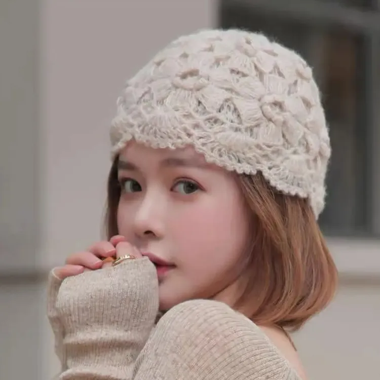 【复古双层手工钩花包头帽】马海毛秋冬保暖百搭针织帽时尚套头女