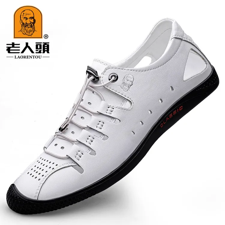 老人头夏季休闲软牛皮透气包头洞洞鞋百搭男士潮流韩版英伦小白鞋