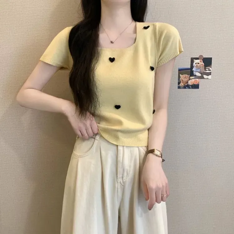 短款方领短袖T恤洋气夏季显瘦小众百搭韩版针织衫打底薄款上衣女
