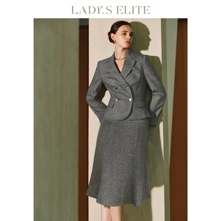 LadySElite【微雕】短款绵羊毛西装包臀裙套装女2025秋季新款西服