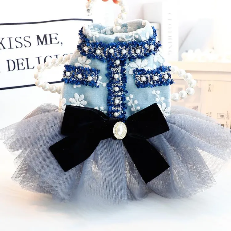 狗狗衣服春秋装猫咪公主裙灰蓝香风刺绣蕾丝裙小型犬泰迪宠物6532