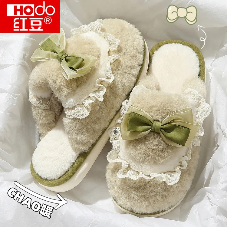 红豆蝴蝶结棉拖鞋女秋冬季2025新款室内家居厚底毛绒保暖月子棉拖