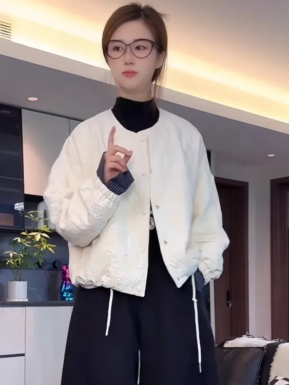 高级感菱格夹棉棉衣2025秋冬新款小众减龄袖口撞色拼接外套棉服潮