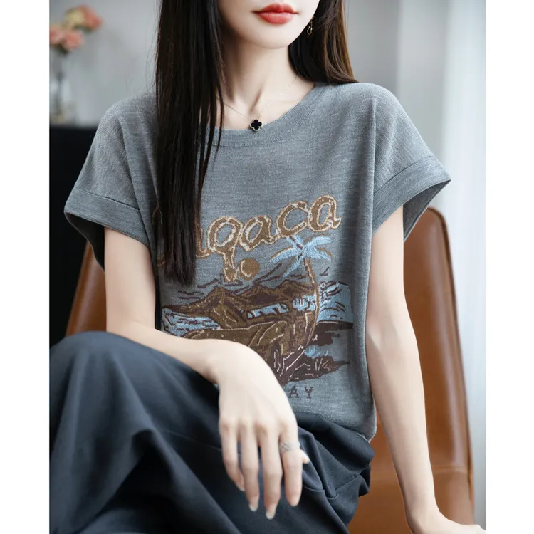 品牌新款夏季小众短袖针织圆领凉感竹节麻女T恤休闲宽松显瘦上衣
