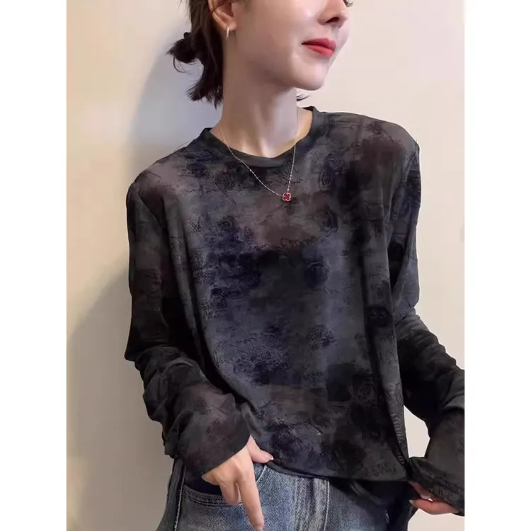芊芊芙欧货晕染长袖T恤女2025秋季新款圆领显瘦防晒罩衫薄款上衣