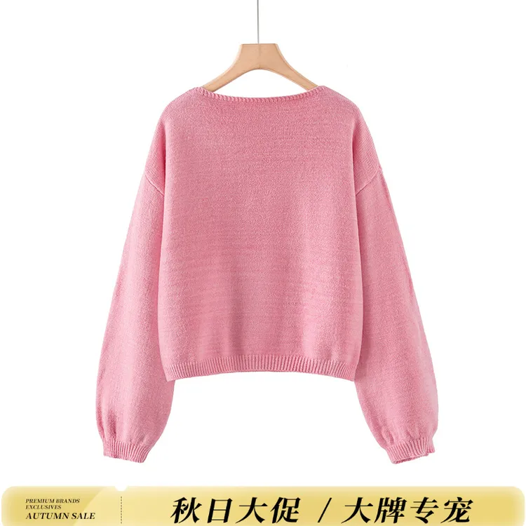 她池2025秋装新款女装圆领灯笼袖宽松短款套头简约毛衣T43X4846M