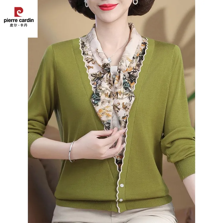 皮尔卡丹中老年母亲高贵蝴蝶领时尚针织衫假两件套西式上衣春秋季