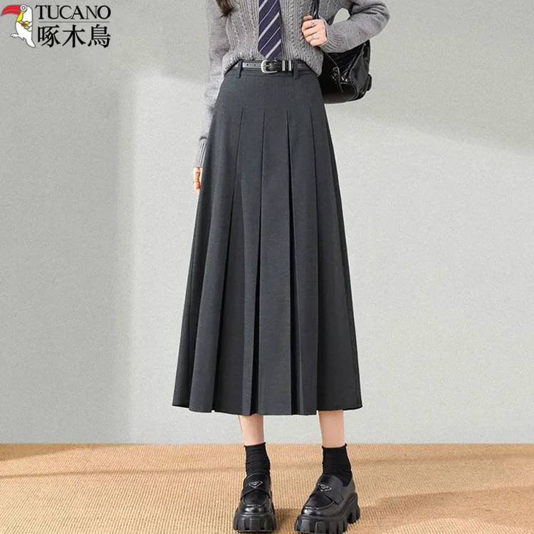 啄木鸟气质毛呢百褶裙女款新款黑色高腰显瘦秋冬a字半身裙中长裙