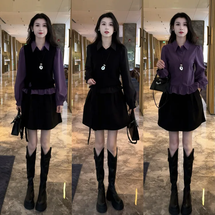 2025新款秋季洋气收腰衬衫百搭马甲高腰半身裙三件套潮