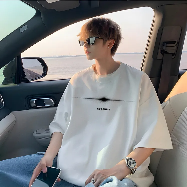 极简风纯棉重磅美式潮流闪光线印花高街短袖夏潮款无性别穿搭T恤